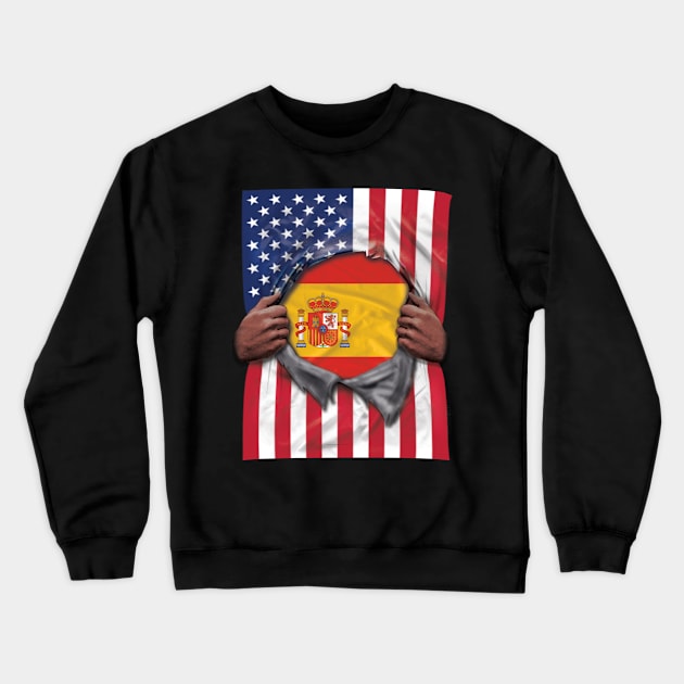 Spain Flag American Flag Ripped - Gift for Spanish From Spain Crewneck Sweatshirt by Country Flags